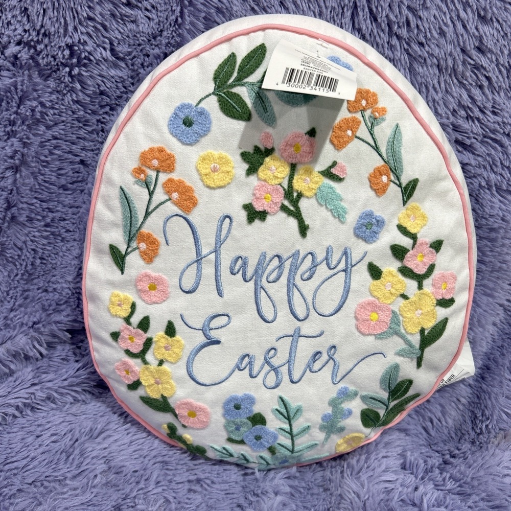 Easter‎ Egg Accent Pillow Embroidered Shabby Chic Farmhouse NEW